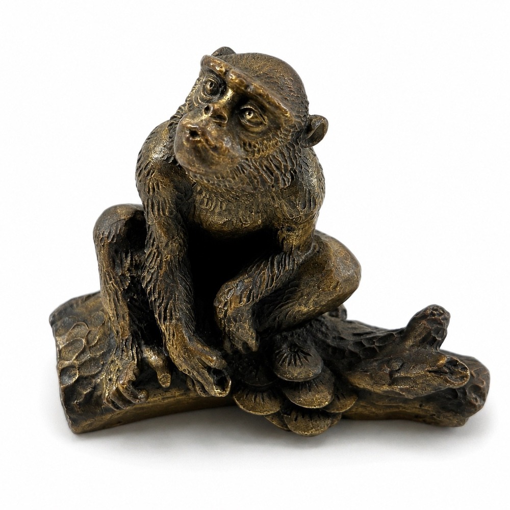 Vintage Bronze Monkey Figurine Miniature Primate on Log Sculpture Aged Patina